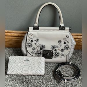 Rare Coach Willow Tea Rose Drifter Satchel w/ Snakeskin Accordion Leather Wallet
